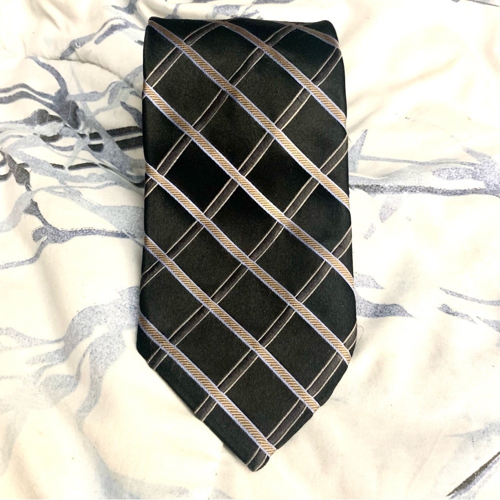 Michael Kors Silk Tie Black with Silver and White Checkered Pattern Classic